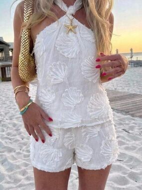 New Women's White Shell Appliqué Halter Top & Shorts Set- Small